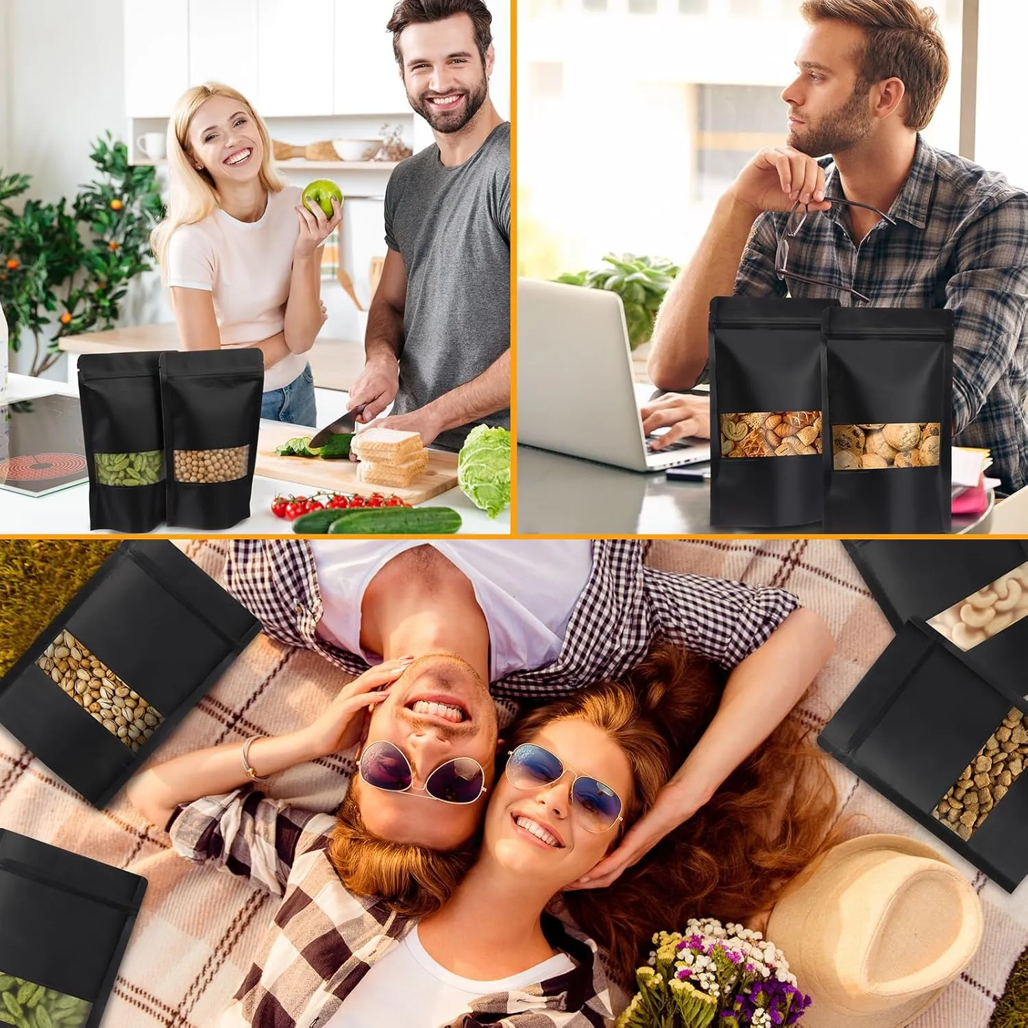 300 Pcs Kraft Bags with Window 5 x 8 Inch Kraft Stand Up Paper Bags Reusable Food Storage Pouches Heat Sealable Zipper Lock Pouches Bulk for Packaging Business(Black)