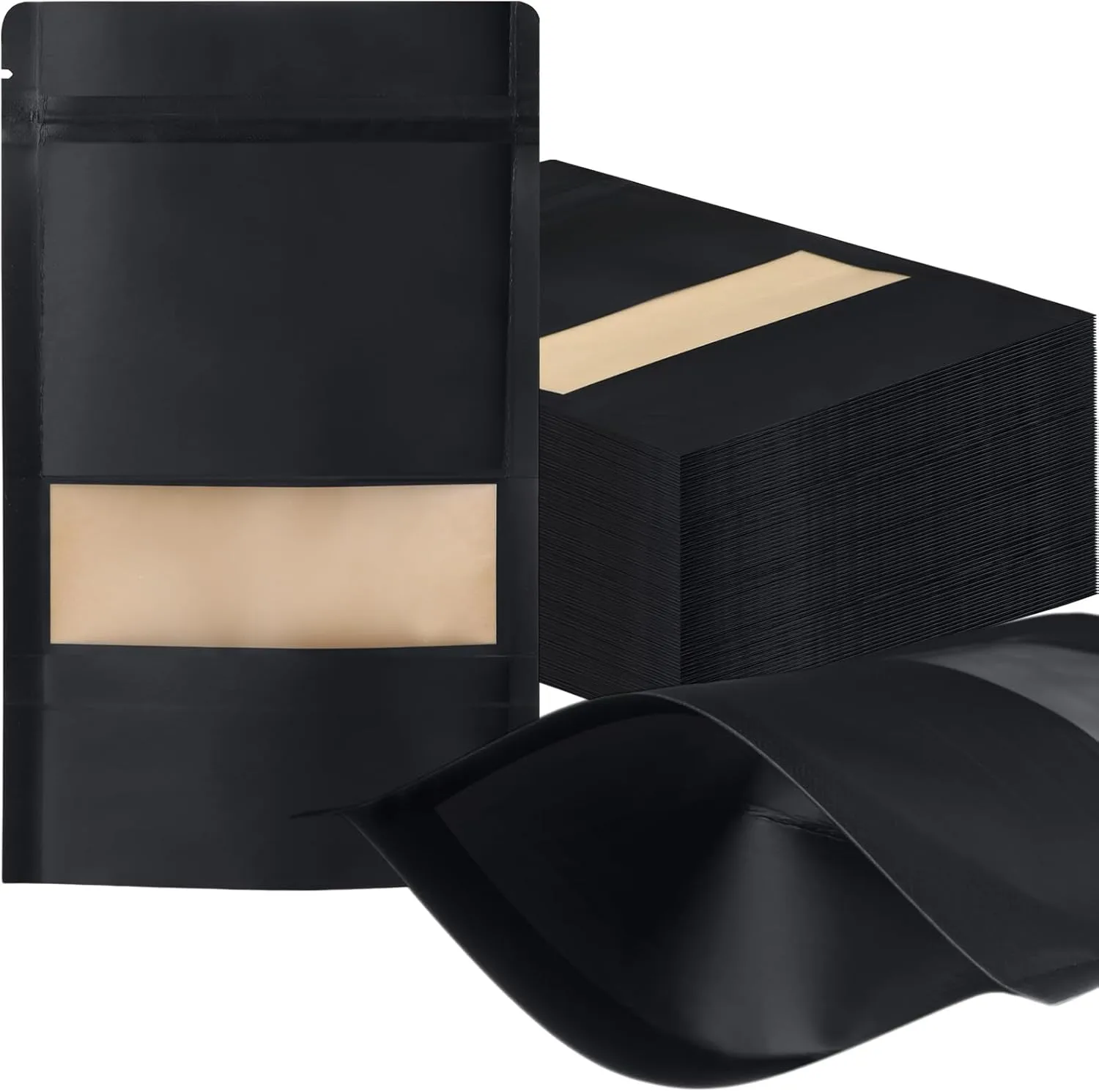 300 Pcs Kraft Bags with Window 5 x 8 Inch Kraft Stand Up Paper Bags Reusable Food Storage Pouches Heat Sealable Zipper Lock Pouches Bulk for Packaging Business(Black)