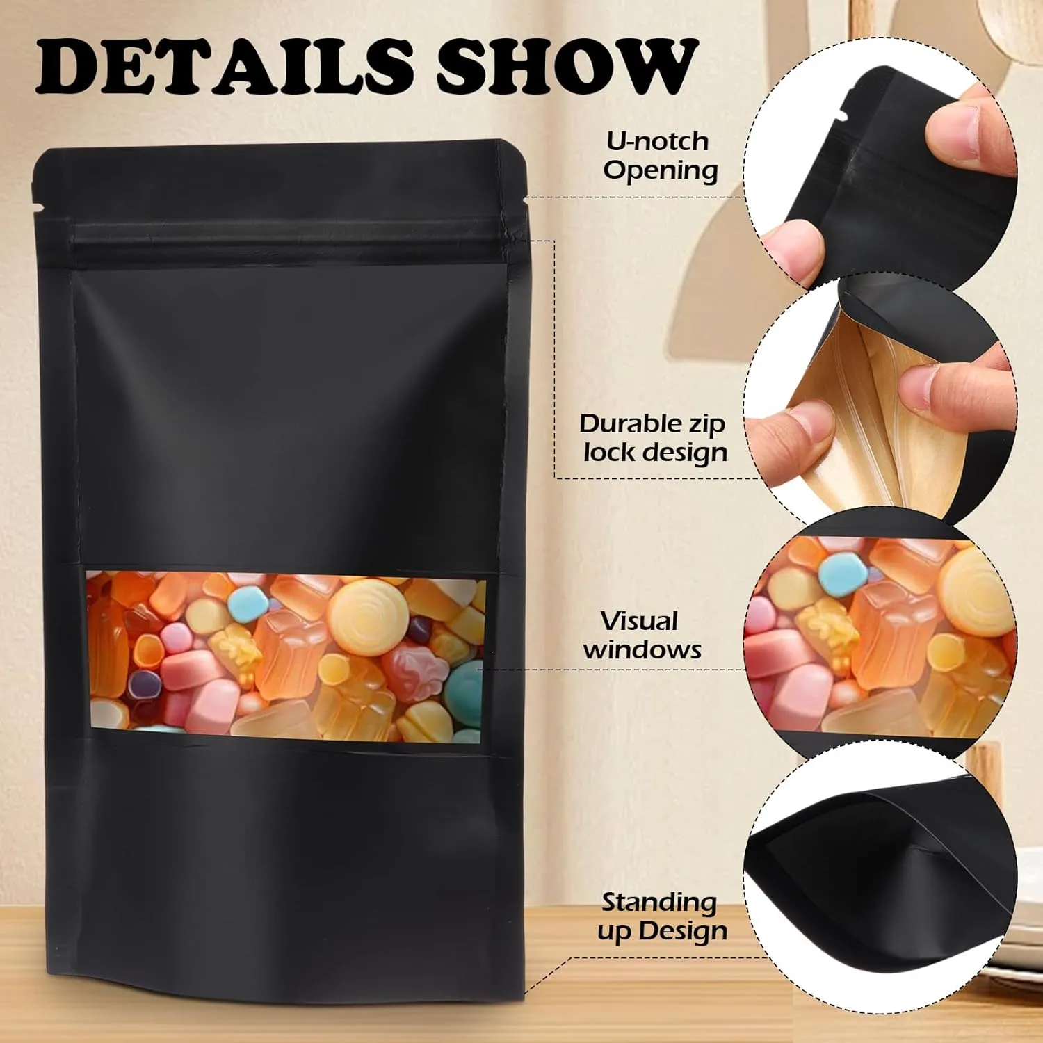300 Pcs Kraft Bags with Window 5 x 8 Inch Kraft Stand Up Paper Bags Reusable Food Storage Pouches Heat Sealable Zipper Lock Pouches Bulk for Packaging Business(Black)