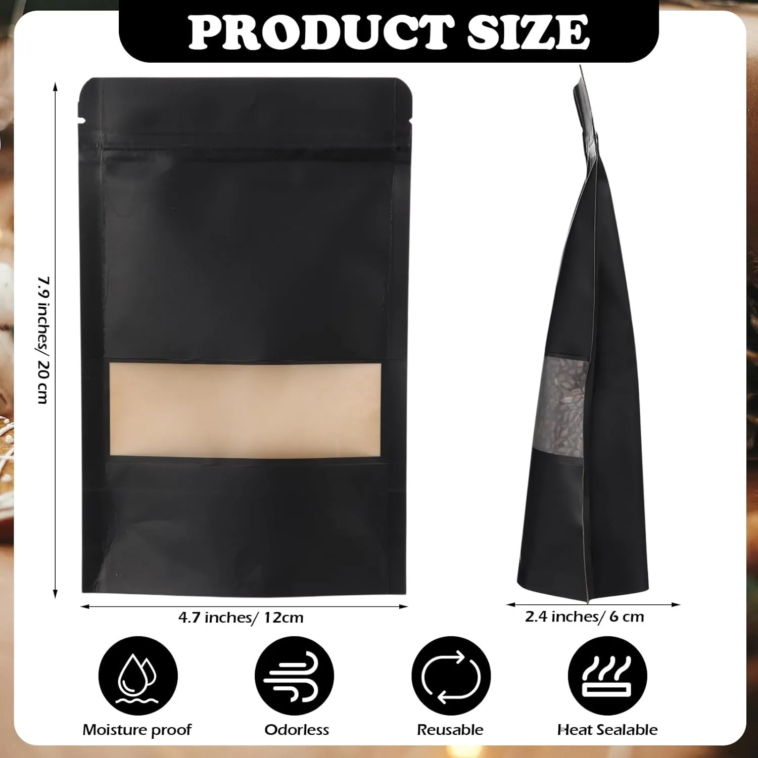 300 Pcs Kraft Bags with Window 5 x 8 Inch Kraft Stand Up Paper Bags Reusable Food Storage Pouches Heat Sealable Zipper Lock Pouches Bulk for Packaging Business(Black)