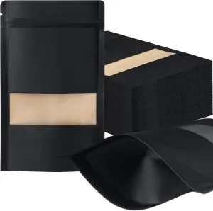 300 Pcs Kraft Bags with Window 5 x 8 Inch Kraft Stand Up Paper Bags Reusable Food Storage Pouches Heat Sealable Zipper Lock Pouches Bulk for Packaging Business(Black)