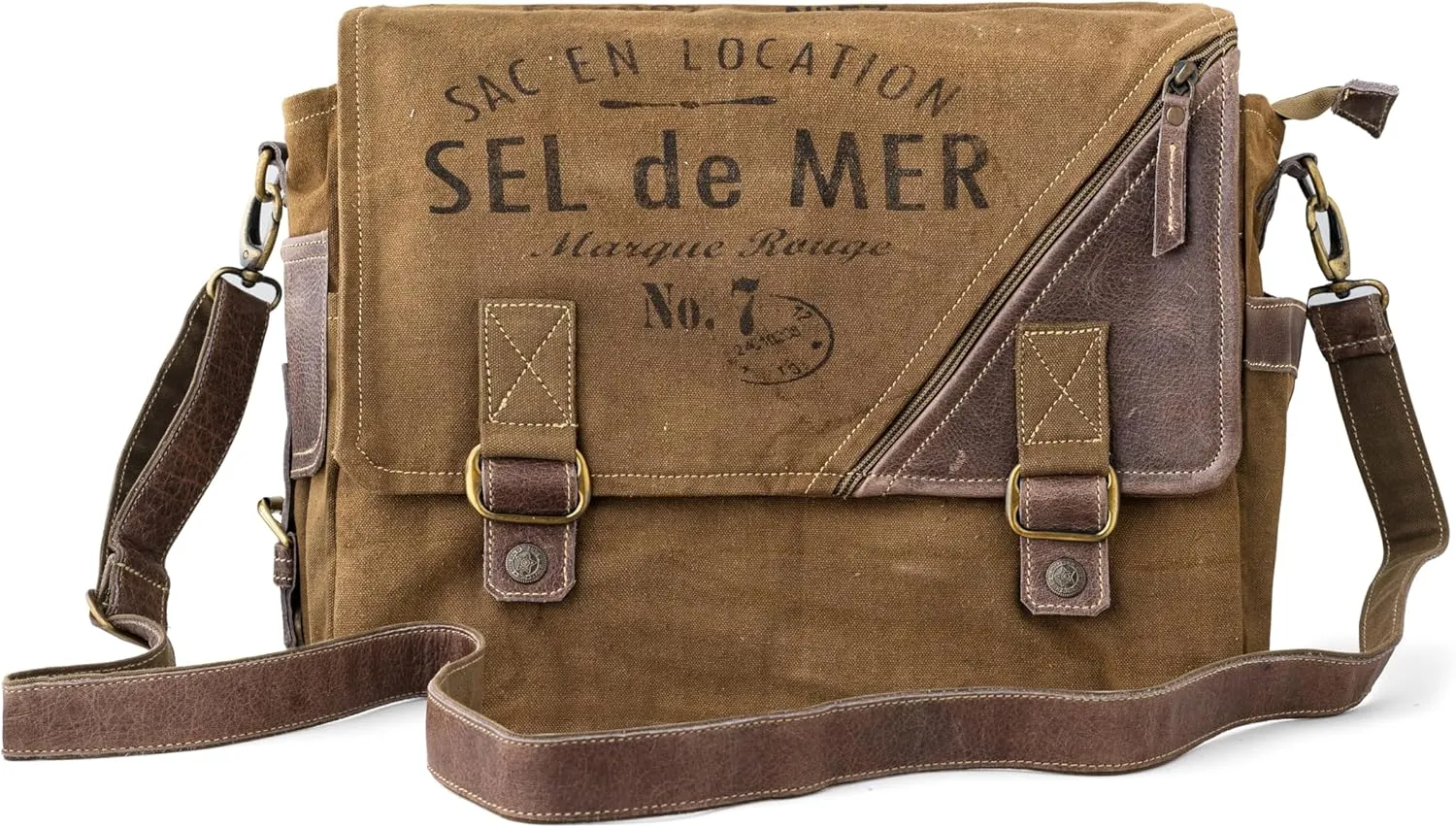 3B-Vintage Print Sel De Mer Upcycled Military Leather Canvas Shoulder Bag Laptop Messenger Bags Medium Crossbody 2 Straps