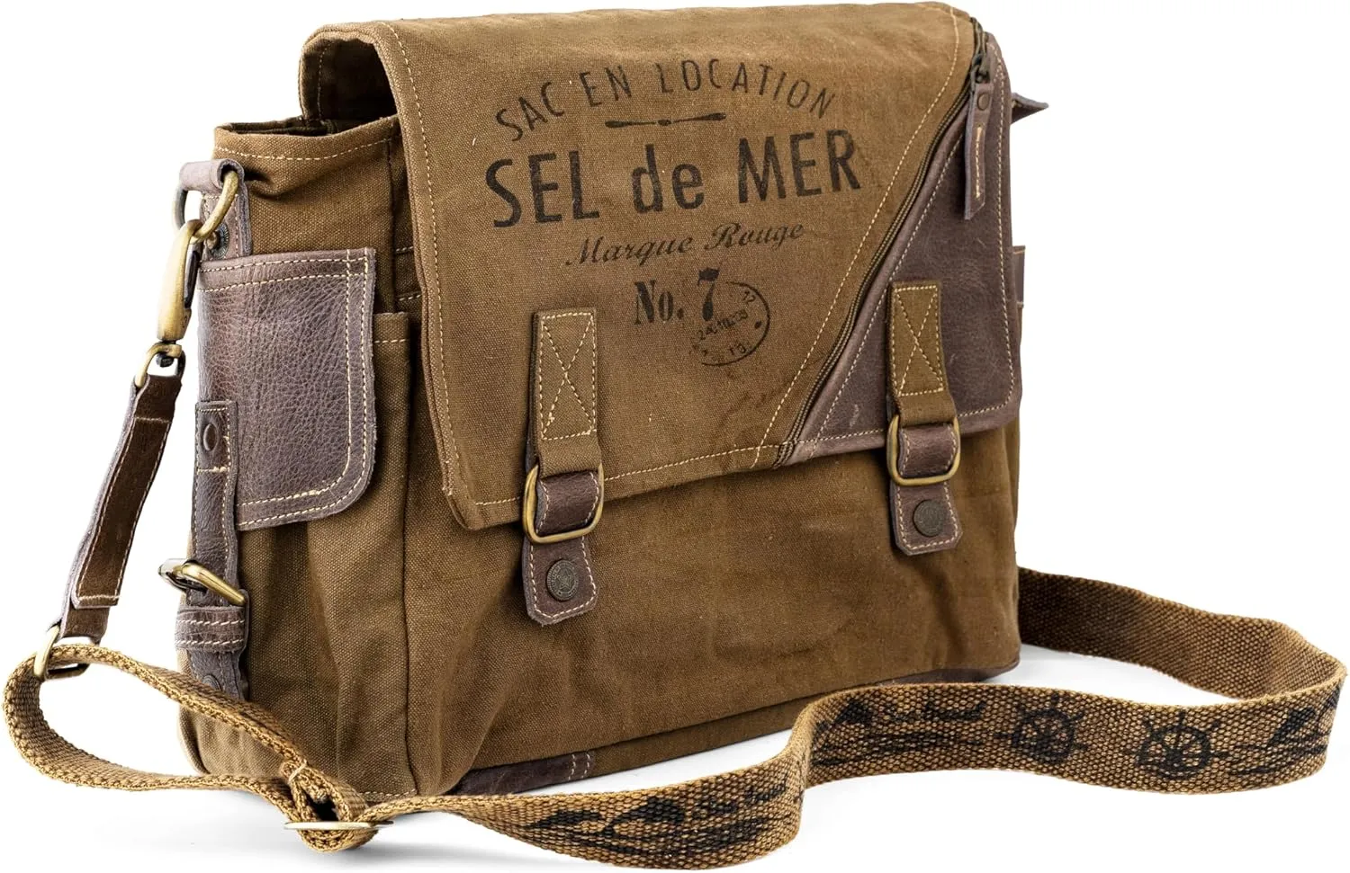 3B-Vintage Print Sel De Mer Upcycled Military Leather Canvas Shoulder Bag Laptop Messenger Bags Medium Crossbody 2 Straps