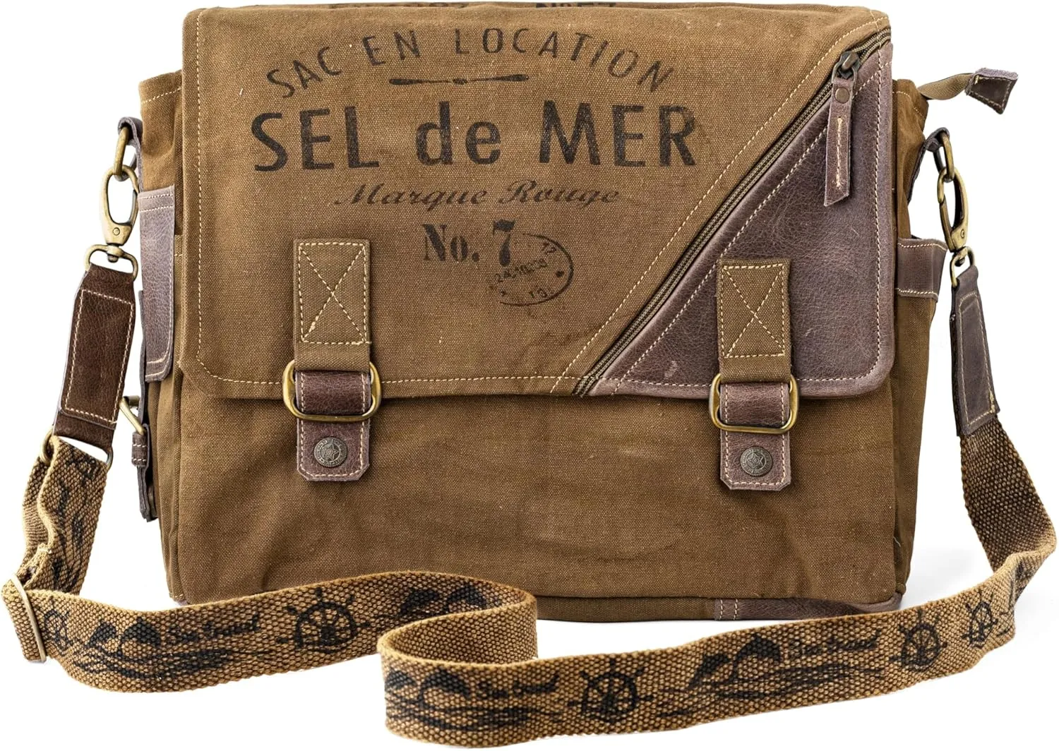 3B-Vintage Print Sel De Mer Upcycled Military Leather Canvas Shoulder Bag Laptop Messenger Bags Medium Crossbody 2 Straps