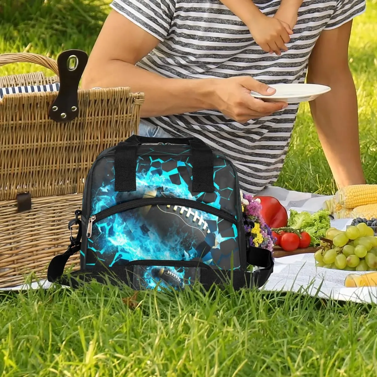 3D Light Rugby Boys lunch Tote Box Leakproof Insulated Cooler Bag & Meal Prep Kids Lunch Bags with Removable Shoulder Strap For School Picnic Hiking Work Travel