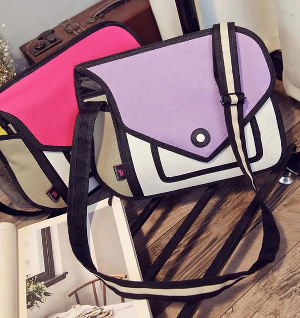 3D Style 2D Drawing Cartoon Handbag Shoulder Canvas Messenger Bag