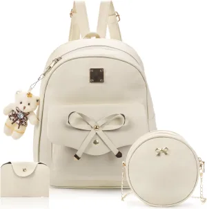 3Pcs Cute Leather Backpack Purse for Women, Mini Bowknot Shoulder Bag, Fashion Beige Zipper Bags with Bear Pendant, Casual Bag Travel Daypacks for Girls Lady Gift