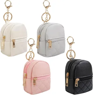 4Pcs Mini Backpack Keychain,Cute Cosmetic Bag for Women,PU Leather Makeup Bag Key Pocket Lipstick Bag Card Holder Data Cable Organizer Zipper Pouch (black beige pink gray)