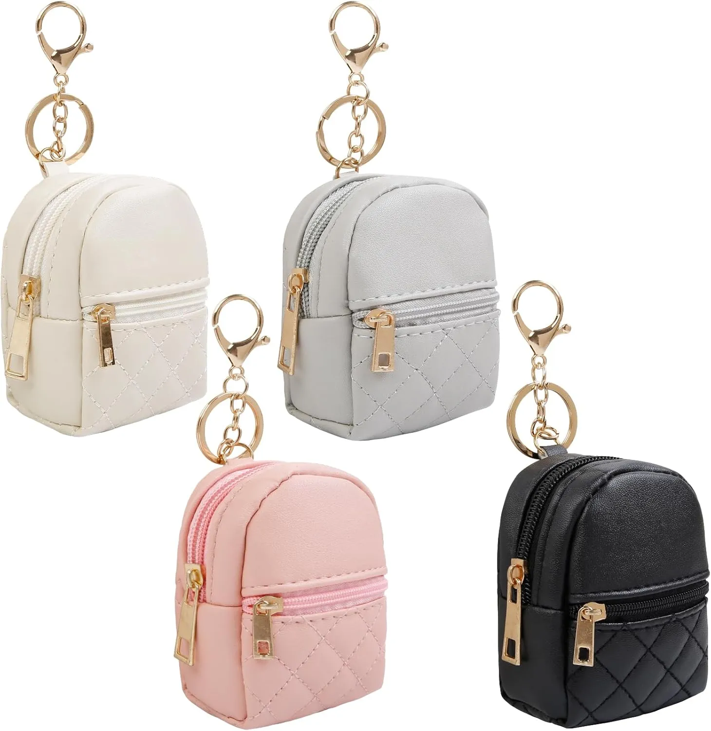 4Pcs Mini Backpack Keychain,Cute Cosmetic Bag for Women,PU Leather Makeup Bag Key Pocket Lipstick Bag Card Holder Data Cable Organizer Zipper Pouch (black beige pink gray)