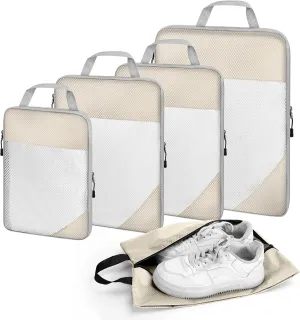 5 Set Compression Packing Cubes Travel: Suitcase Organizers Bags for Compression Luggage Organizer Bags for Traveling Packing Organizers for Travel Essentials Accessories, Beige