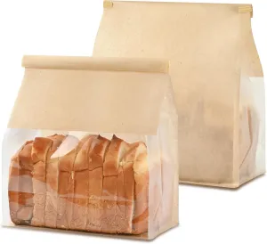 50 PCS Paper Bread Bags for Homemade Breads, 8.7 x 4.3 x 11 Inches Kraft Bakery Bags with Tin Tie Tab Lock Sourdough Bread Bags with Window Baked Foods Packaging Storage