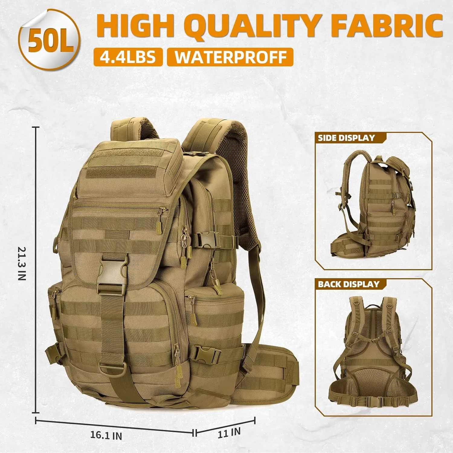 50L Military Tactical Backpack Hiking Waterproof Backpack Large Military Pack 3 Day Assault Pack Molle Bag Rucksack