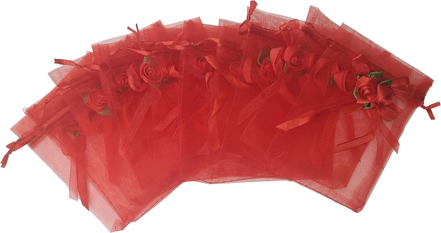 50pcs Sheer Organza Favor Bags for Wedding 3.8x4.8'' Gift Bags Samples Display Drawstring Rose Pouches (hot red)