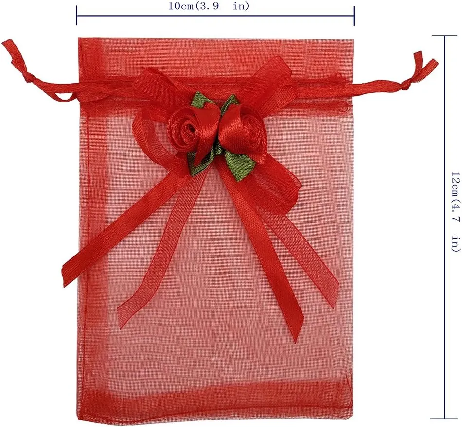 50pcs Sheer Organza Favor Bags for Wedding 3.8x4.8'' Gift Bags Samples Display Drawstring Rose Pouches (hot red)