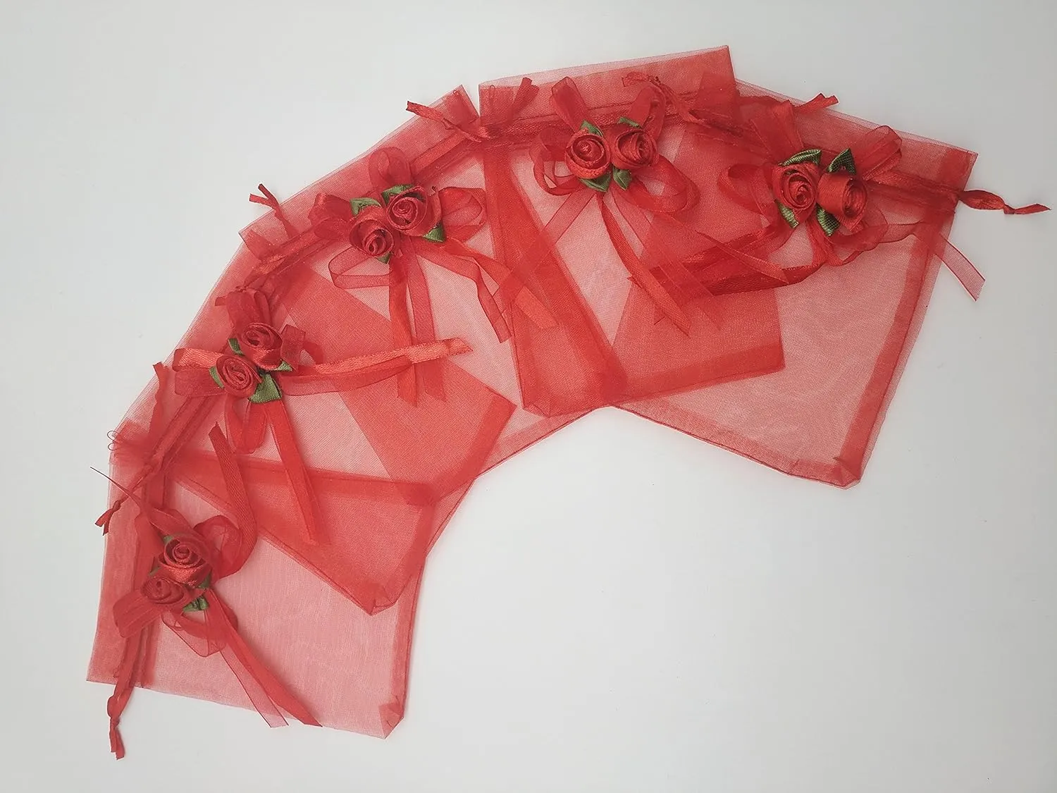 50pcs Sheer Organza Favor Bags for Wedding 3.8x4.8'' Gift Bags Samples Display Drawstring Rose Pouches (hot red)