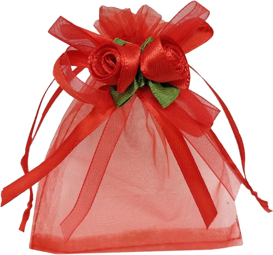 50pcs Sheer Organza Favor Bags for Wedding 3.8x4.8'' Gift Bags Samples Display Drawstring Rose Pouches (hot red)