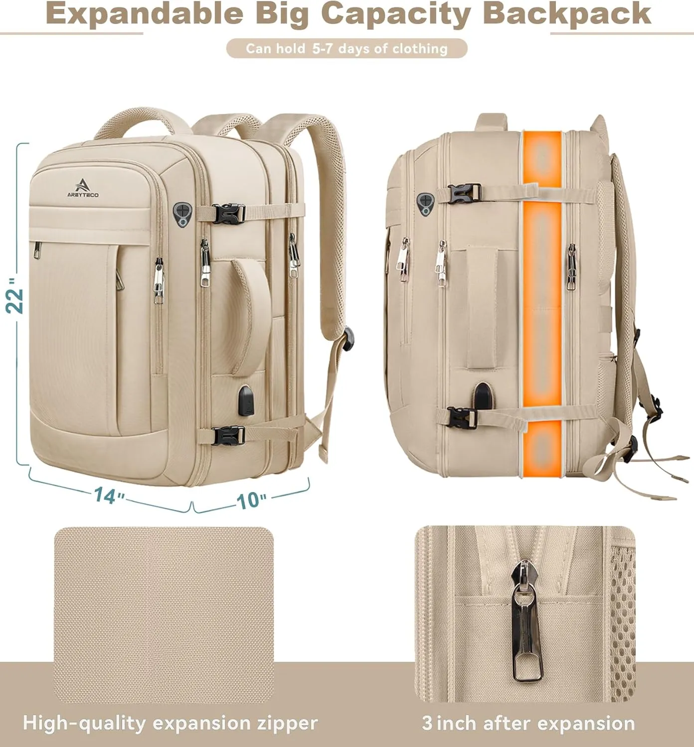 55L Carry On Backpack for Women, Large Travel Laptop Backpack, Expandable Big Capacity Business Luggage Suitcase Daypack Knapsack Big Bag Fits 18 Inch Laptop, Travel Gifts for Women, Beige