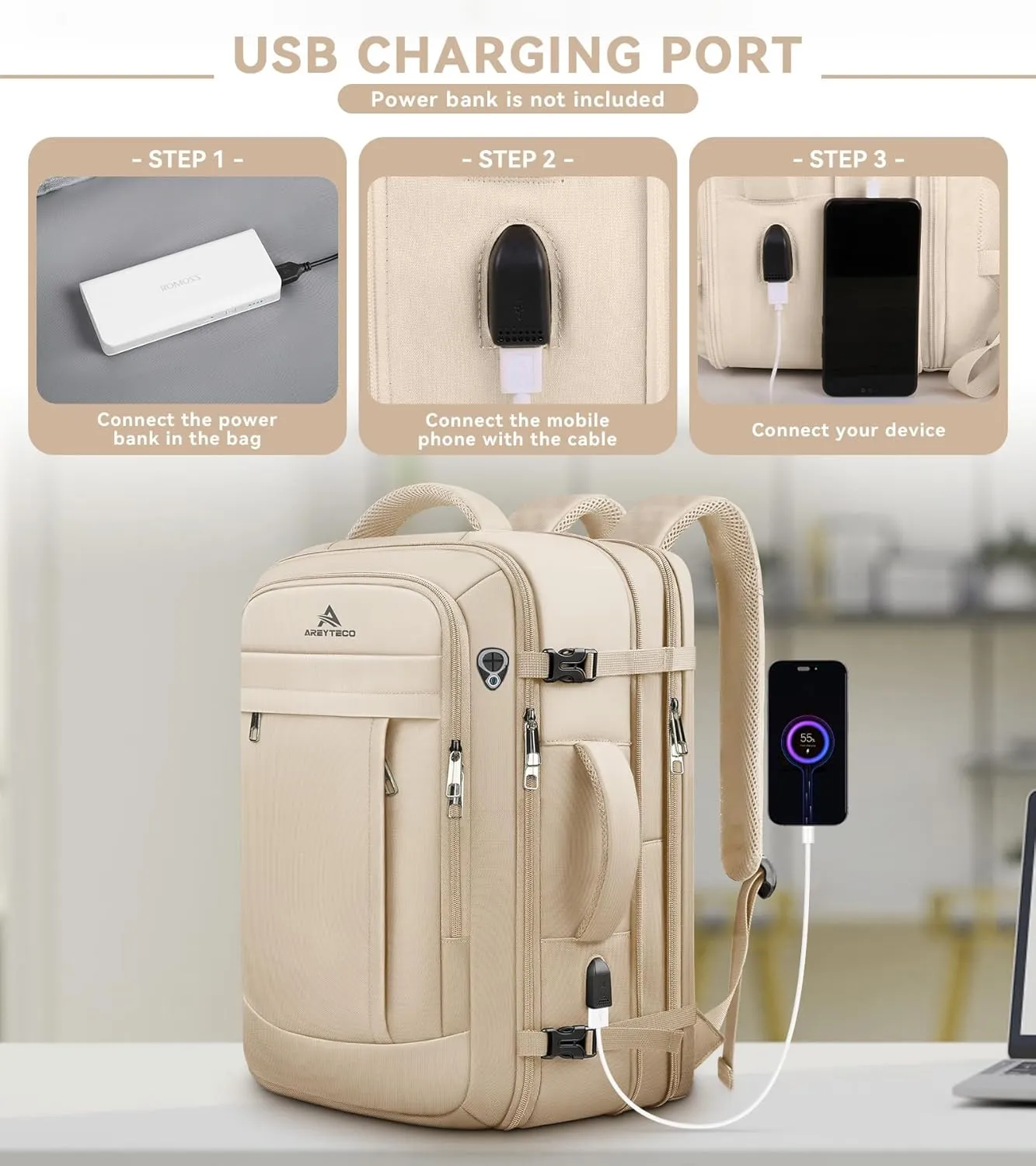 55L Carry On Backpack for Women, Large Travel Laptop Backpack, Expandable Big Capacity Business Luggage Suitcase Daypack Knapsack Big Bag Fits 18 Inch Laptop, Travel Gifts for Women, Beige