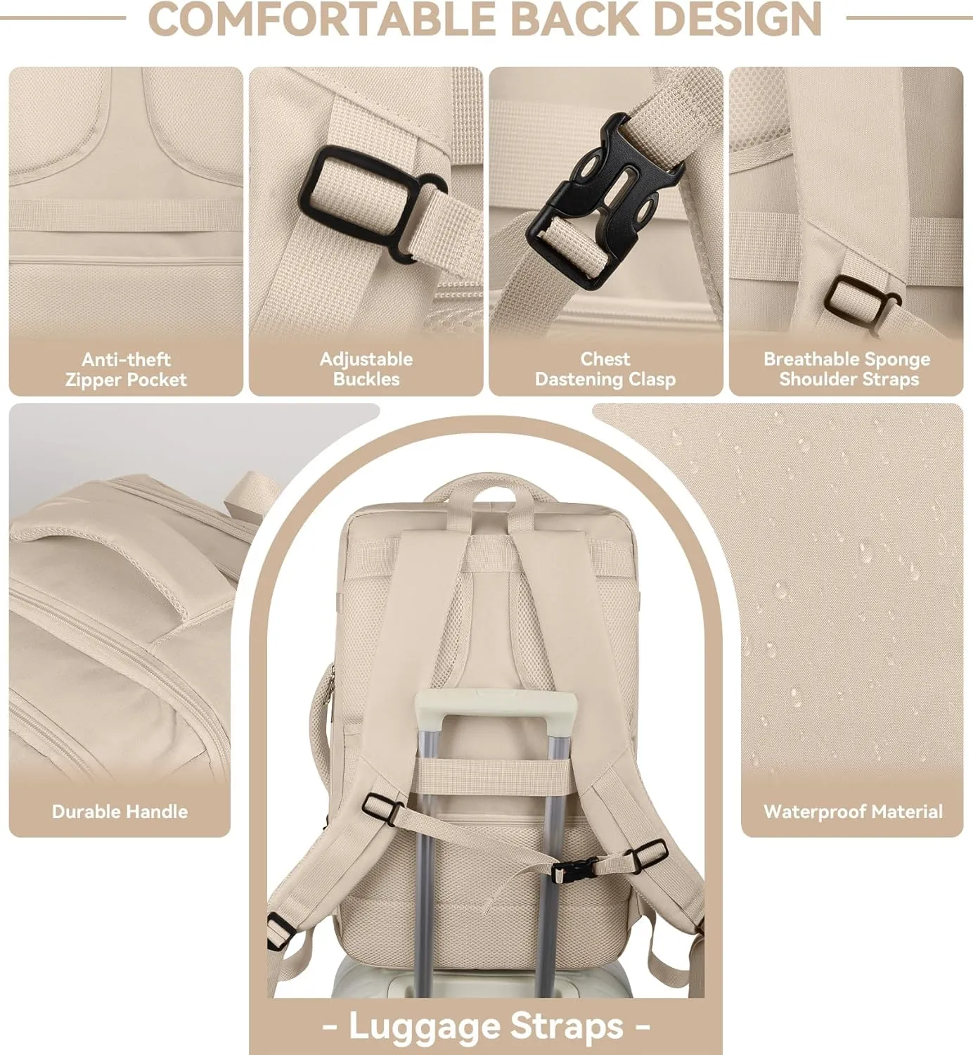 55L Carry On Backpack for Women, Large Travel Laptop Backpack, Expandable Big Capacity Business Luggage Suitcase Daypack Knapsack Big Bag Fits 18 Inch Laptop, Travel Gifts for Women, Beige