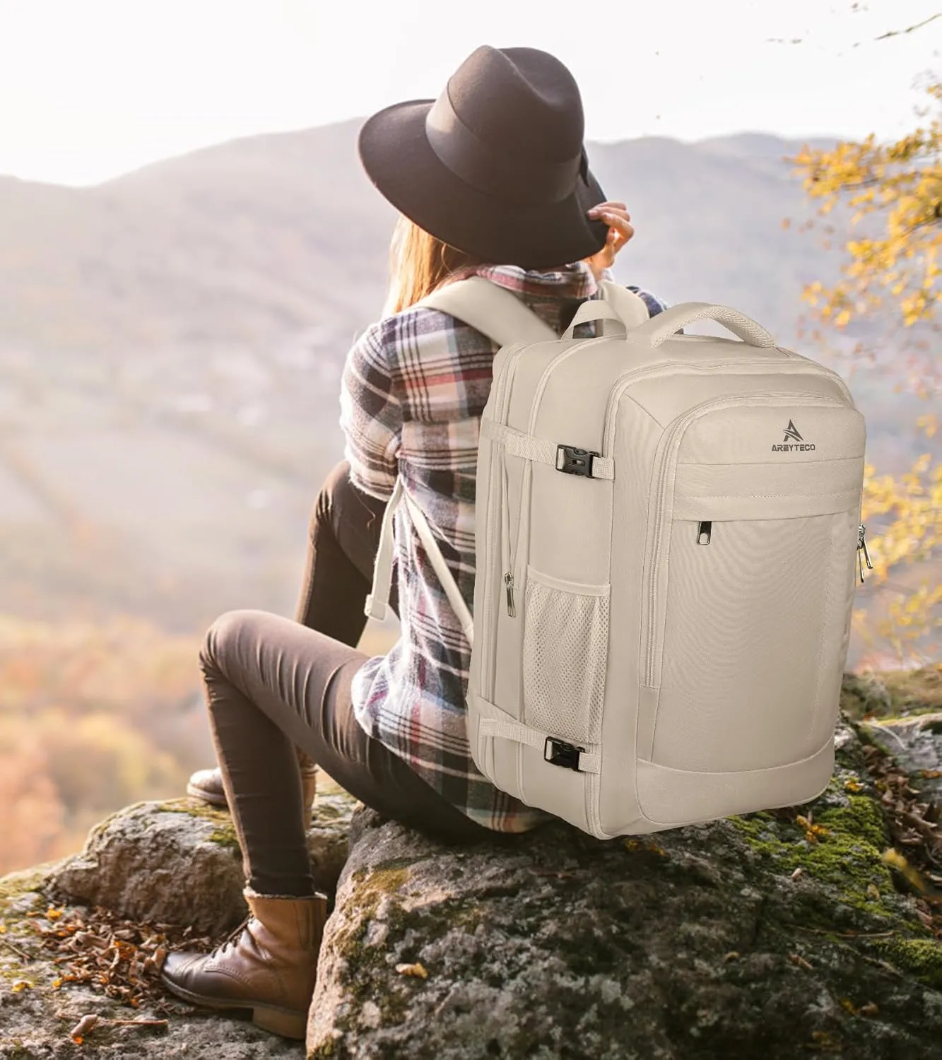 55L Carry On Backpack for Women, Large Travel Laptop Backpack, Expandable Big Capacity Business Luggage Suitcase Daypack Knapsack Big Bag Fits 18 Inch Laptop, Travel Gifts for Women, Beige