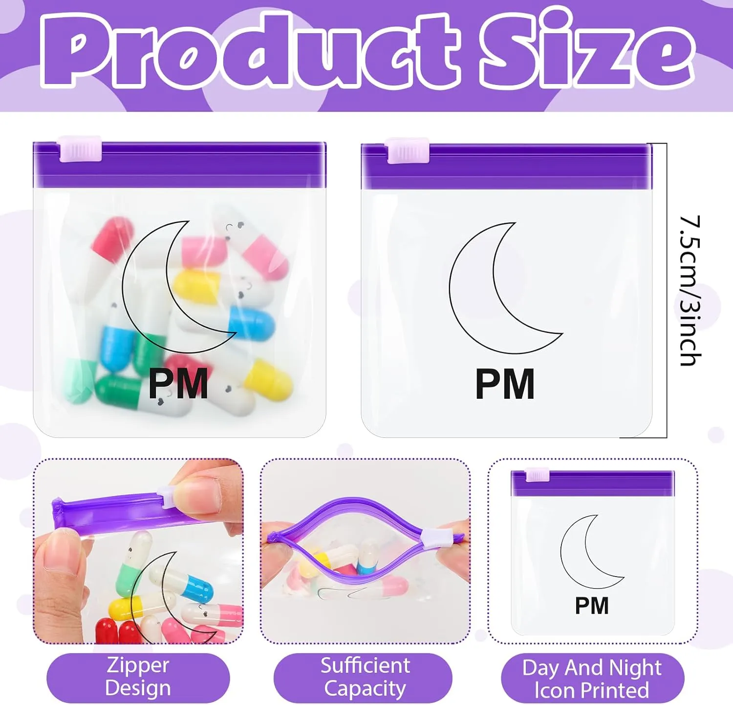 70 Pcs Weekly Pill Pouch Bags Zippered Reusable Medicine Organizer Set Self Sealing Medicine Organizer Travel Plastic Pill Bags with Slide Lock for Small Items Storage(Moon and Sun)