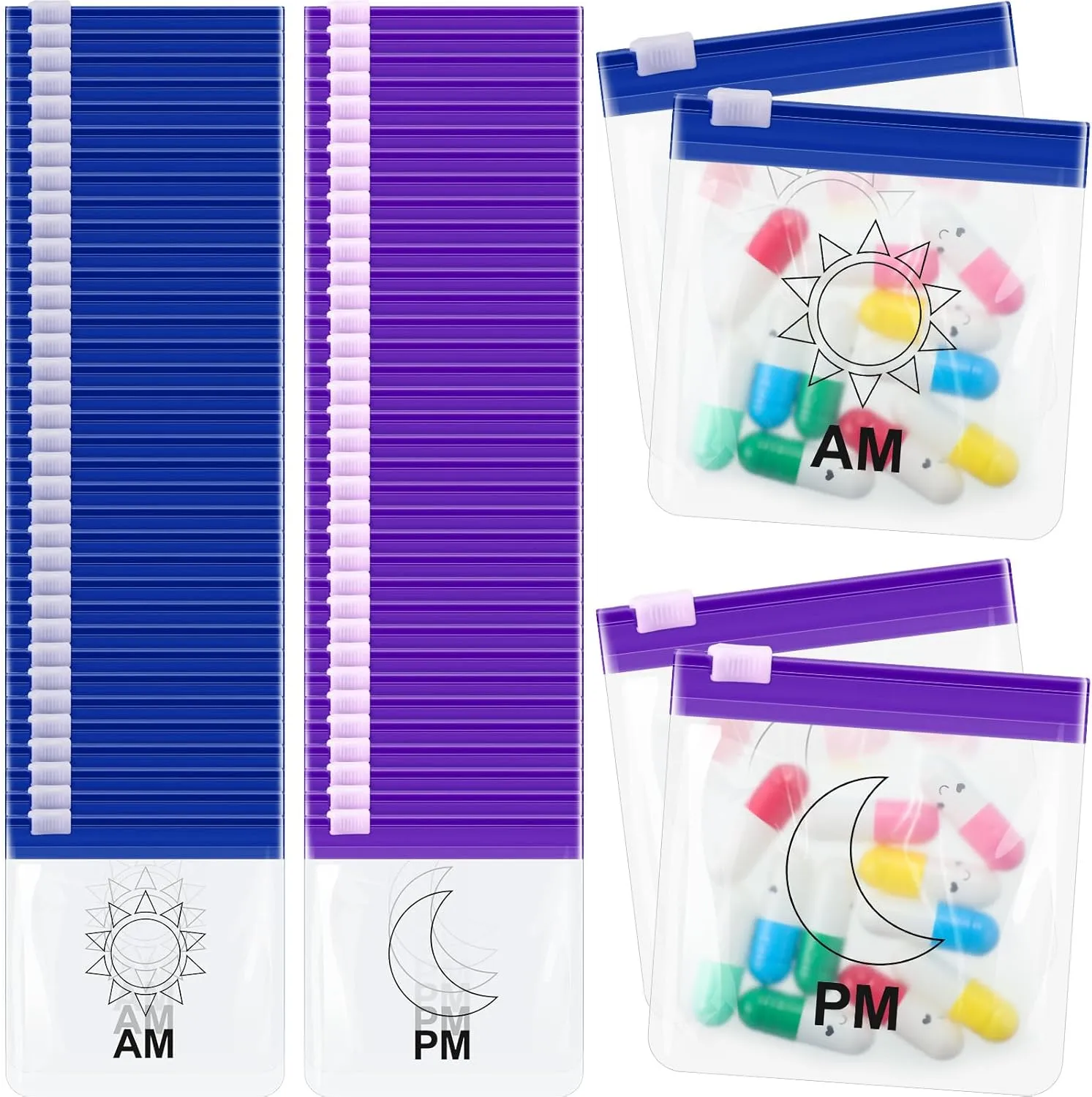 70 Pcs Weekly Pill Pouch Bags Zippered Reusable Medicine Organizer Set Self Sealing Medicine Organizer Travel Plastic Pill Bags with Slide Lock for Small Items Storage(Moon and Sun)