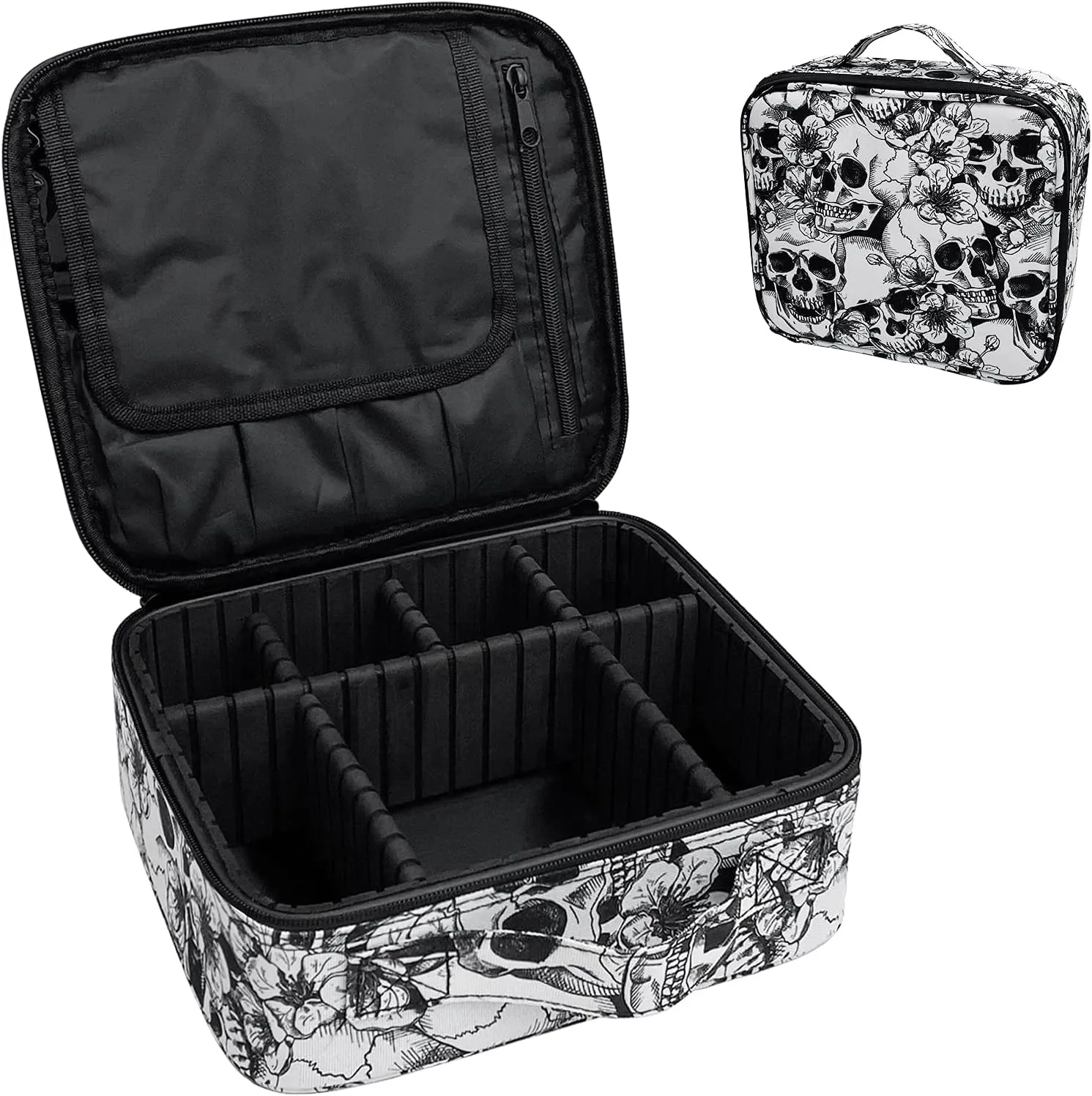 9CH Skull Makeup Bag Organizers, Travel Makeup Bags for Women Large Cosmetic Bag with Adjustable Dividers Portable Goth Cosmetics Case for Make up Brushes Toiletry Jewelry