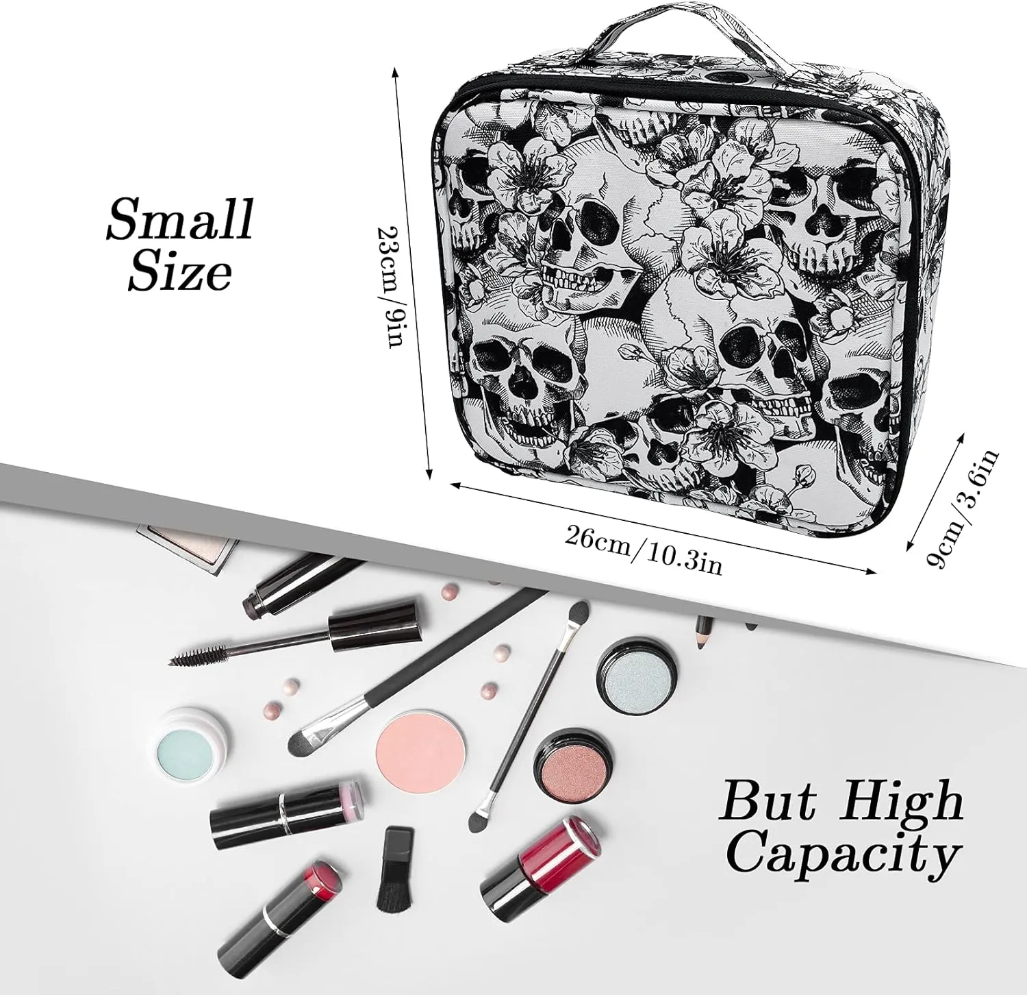 9CH Skull Makeup Bag Organizers, Travel Makeup Bags for Women Large Cosmetic Bag with Adjustable Dividers Portable Goth Cosmetics Case for Make up Brushes Toiletry Jewelry
