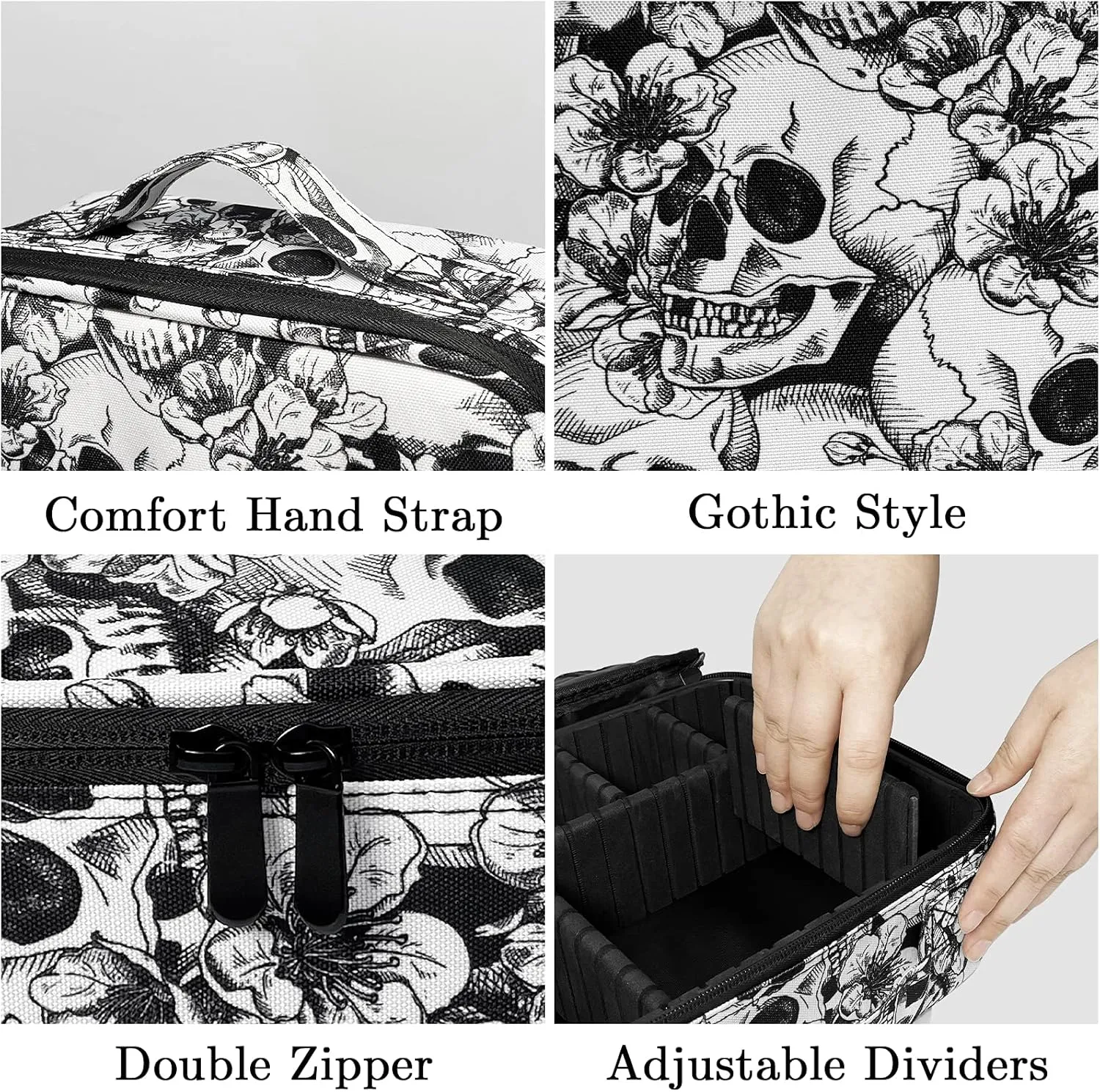 9CH Skull Makeup Bag Organizers, Travel Makeup Bags for Women Large Cosmetic Bag with Adjustable Dividers Portable Goth Cosmetics Case for Make up Brushes Toiletry Jewelry