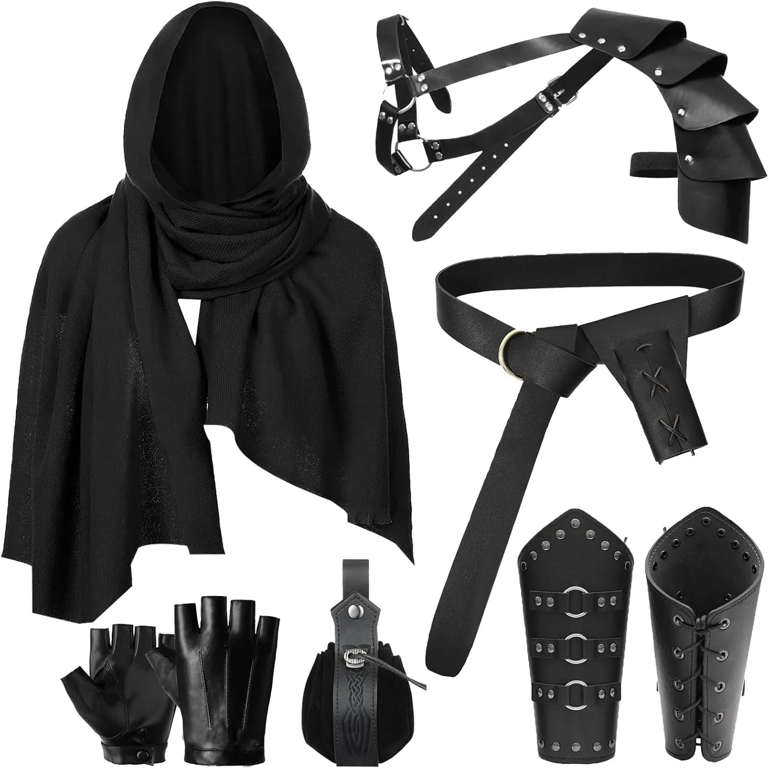 9Pcs Medieval Knight Leather Belt Shawl Men Renaissance Set Shoulder Cape Scarf Buckle Bracers Retro Sword Gloves