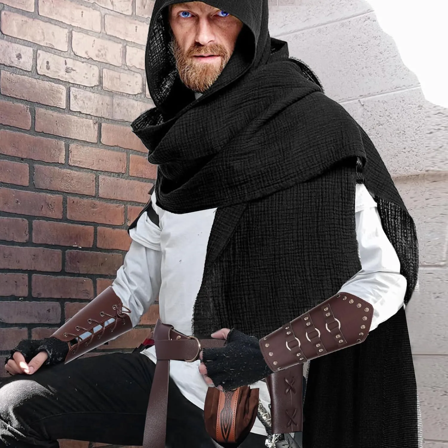 9Pcs Medieval Knight Leather Belt Shawl Men Renaissance Set Shoulder Cape Scarf Buckle Bracers Retro Sword Gloves