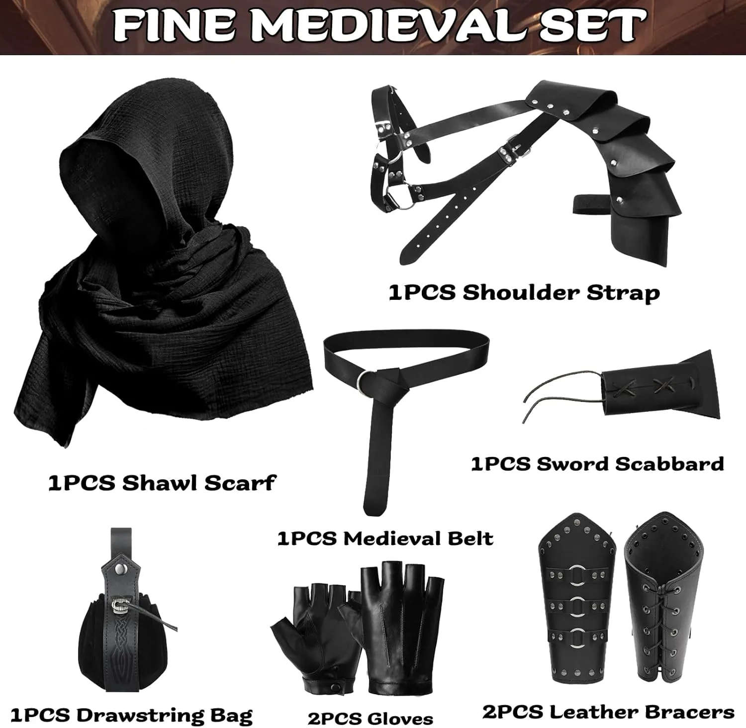 9Pcs Medieval Knight Leather Belt Shawl Men Renaissance Set Shoulder Cape Scarf Buckle Bracers Retro Sword Gloves