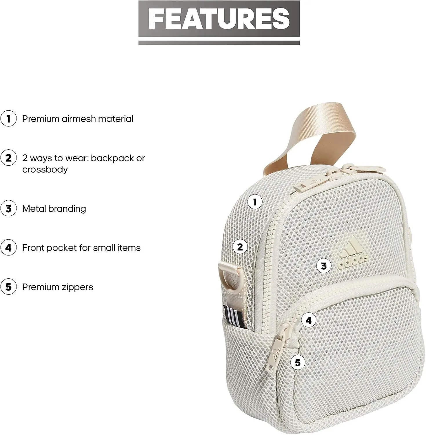 adidas Women's Airmesh Convertible Mini Backpack-Crossbody Bag, Alumina Beige, One Size