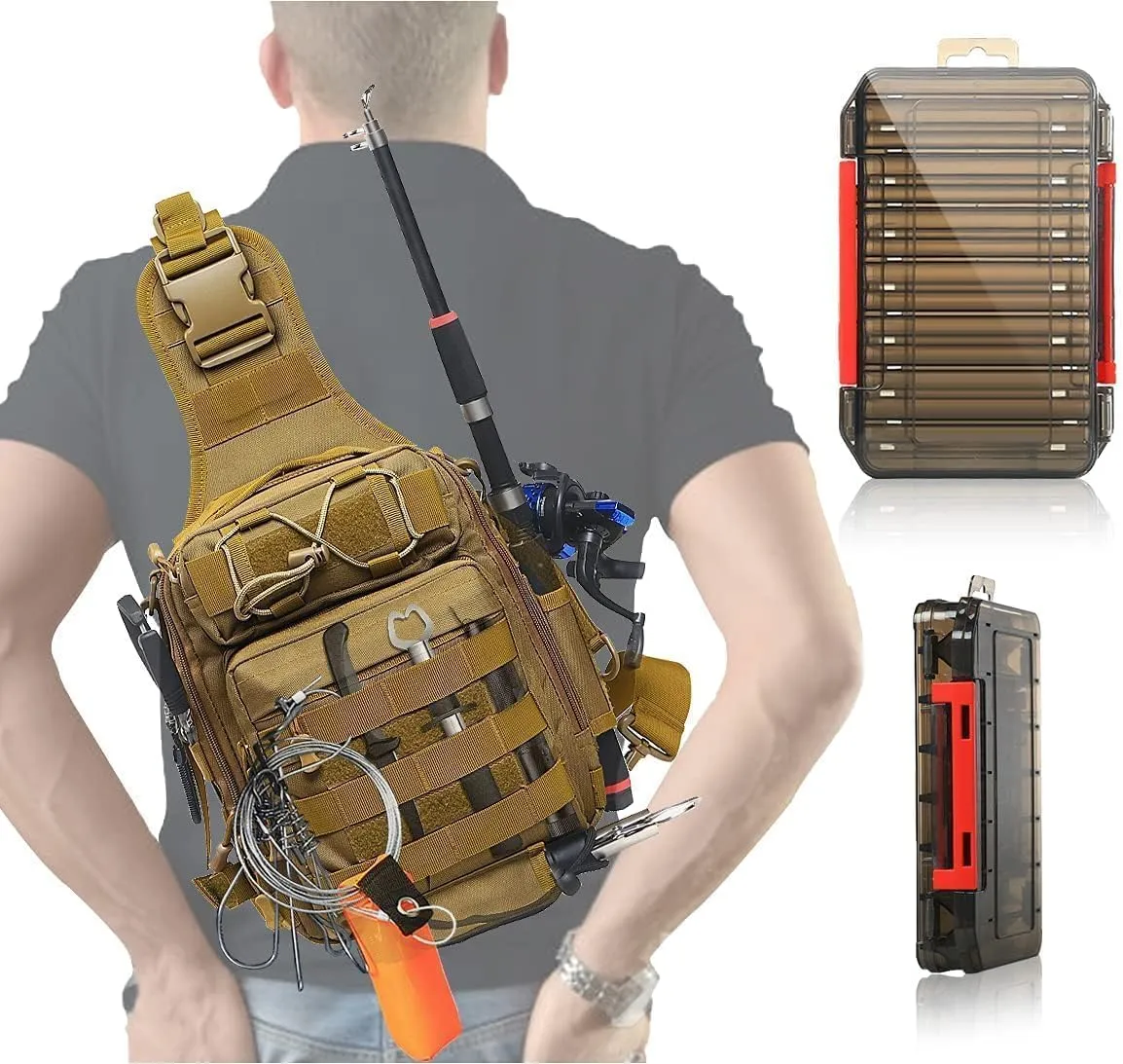 Aertiavty Fishing Backpack, Fishing Bag with Tackle Box, Compact Fishing Tackle Bag, Fishing Tackle Backpack with Rod Holder for Outdoor Sport Fishing Gifts for Men Women