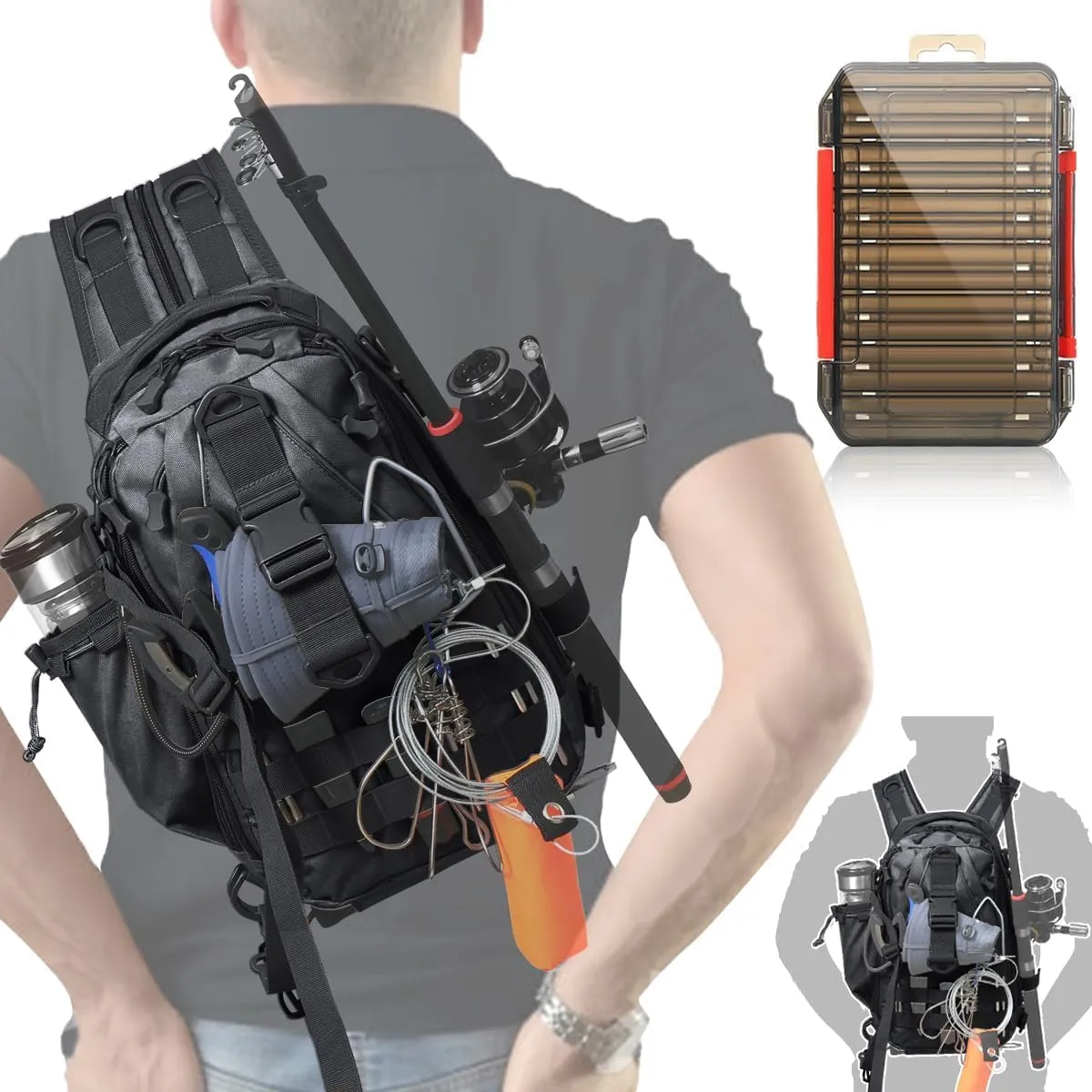 Aertiavty Fishing Backpack, Fishing Bag with Tackle Box, Compact Fishing Tackle Bag, Fishing Tackle Backpack with Rod Holder for Outdoor Sport Fishing Gifts for Men Women