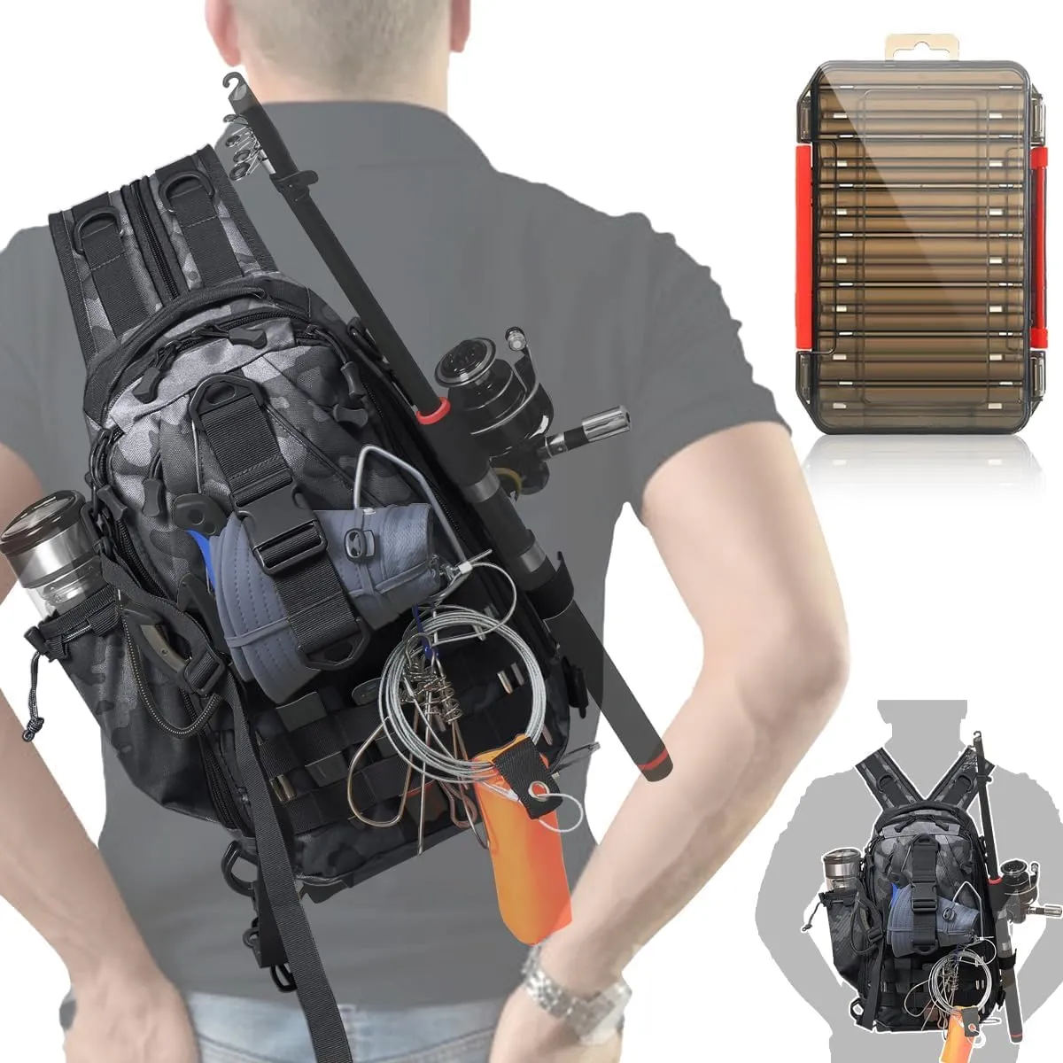 Aertiavty Fishing Backpack, Fishing Bag with Tackle Box, Compact Fishing Tackle Bag, Fishing Tackle Backpack with Rod Holder for Outdoor Sport Fishing Gifts for Men Women