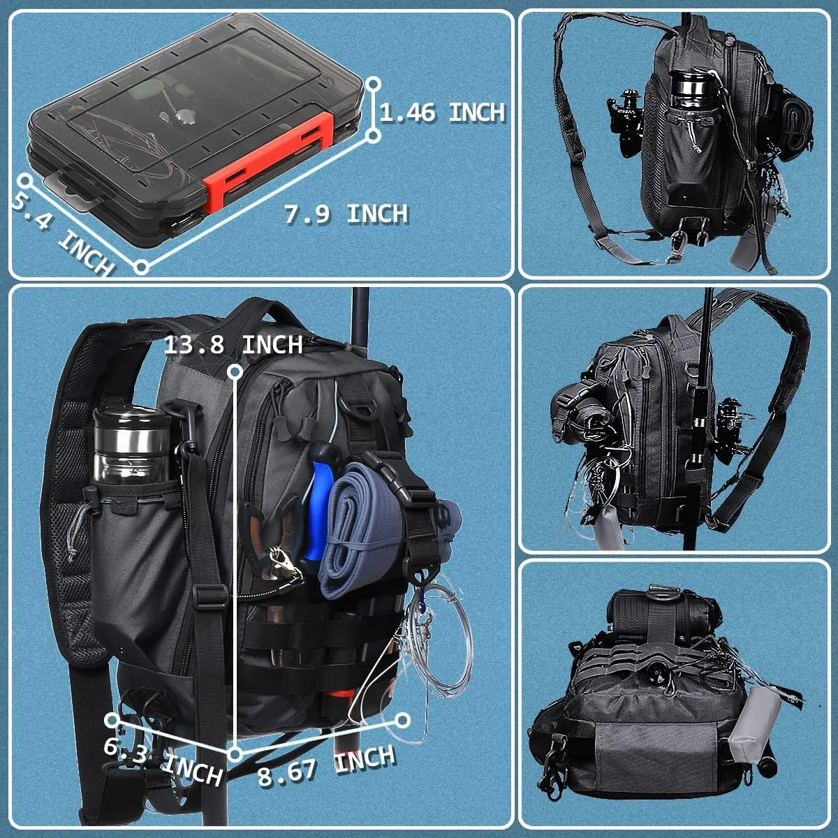 Aertiavty Fishing Backpack, Fishing Bag with Tackle Box, Compact Fishing Tackle Bag, Fishing Tackle Backpack with Rod Holder for Outdoor Sport Fishing Gifts for Men Women