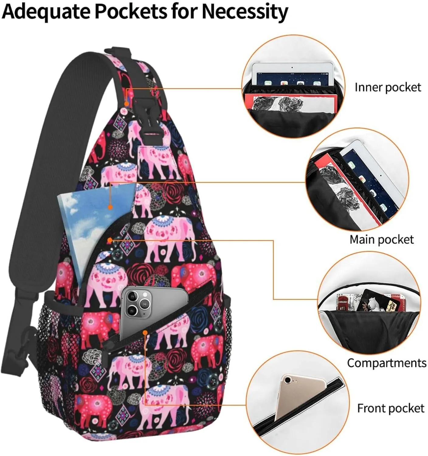 African Ethnic Elephant Sling Backpack for Women Men Fashion Crossbody Shoulder Bag Sling Backpack Chest Bag Travel Hiking Casual Sport Daypack