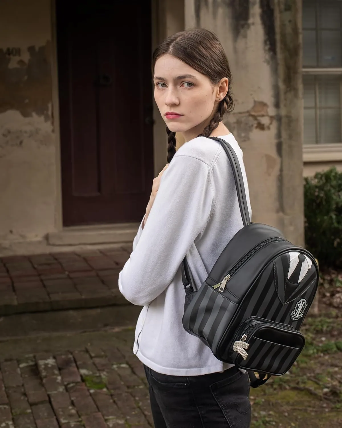 AI ACCESSORY INNOVATIONS Wednesday Nevermore Uniform Vegan Leather Cosplay Mini Backpack Purse, 10.5 Inches, Black
