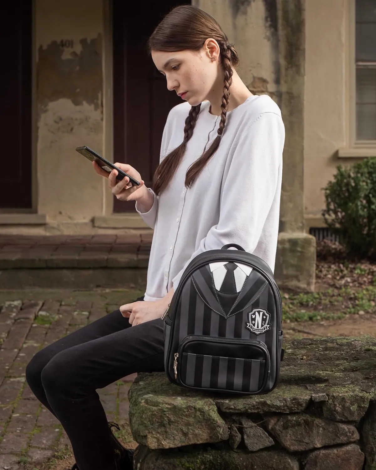 AI ACCESSORY INNOVATIONS Wednesday Nevermore Uniform Vegan Leather Cosplay Mini Backpack Purse, 10.5 Inches, Black