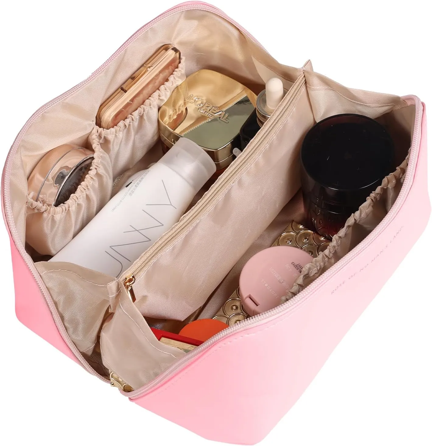 AICase Travel Makeup Bag,Large Capacity Cosmetic Bags for Women,Multifunctional Leather Waterproof Portable Pouch Open Flat Toiletry Bag Make up Organizer with Divider and Handle_2