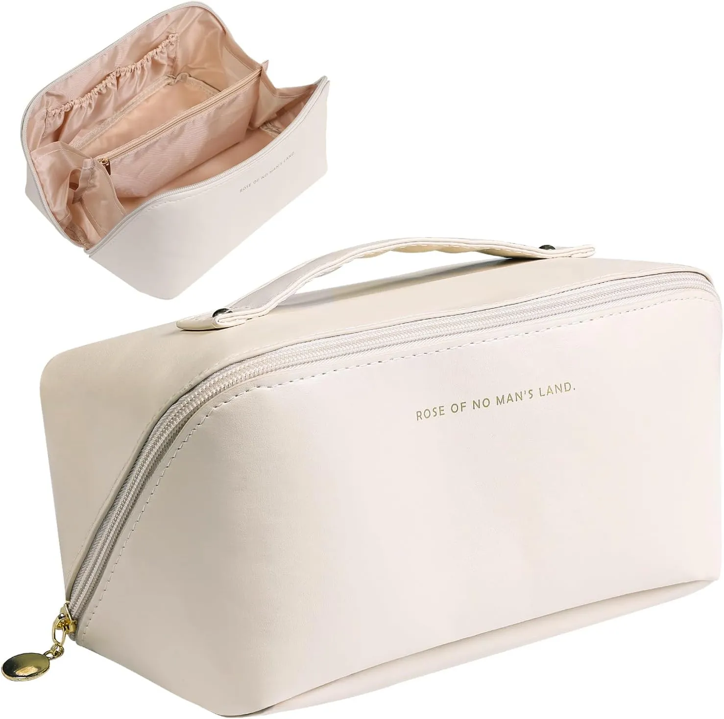 AICase Travel Makeup Bag,Large Capacity Cosmetic Bags for Women,Multifunctional Leather Waterproof Portable Pouch Open Flat Toiletry Bag Make up Organizer with Divider and Handle_3