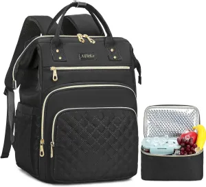 AIJIEKE Lunch Backpack for Women, 15.6 inch Laptop Backpack with Insulated Cooler Lunch Bag Set for Lunch Box Work Backpack for Travel Nurse Teacher, Black