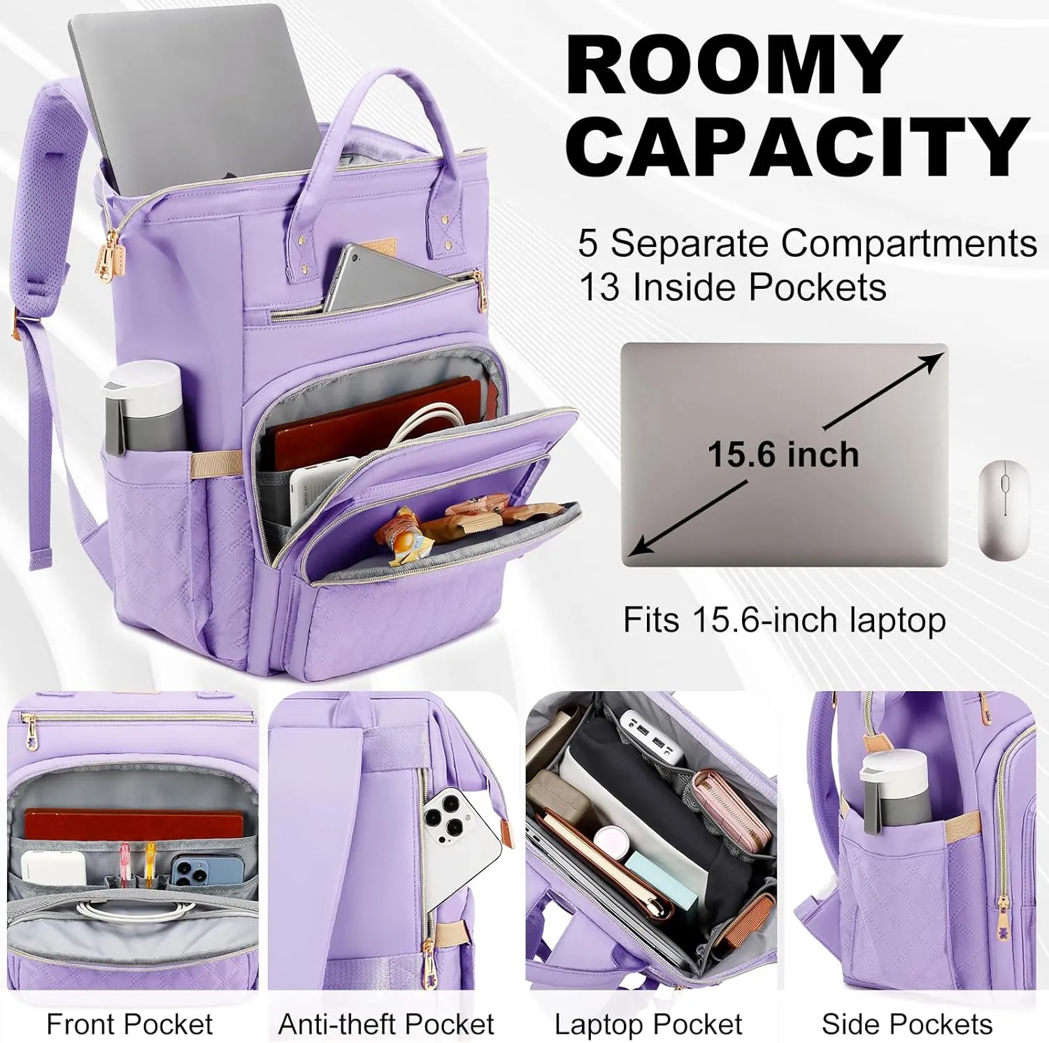 AIJIEKE Lunch Backpack for Women, 15.6 inch Laptop Backpack with Insulated Cooler Lunch Bag Set for Lunch Box Work Backpack for Travel Nurse Teacher, Purple