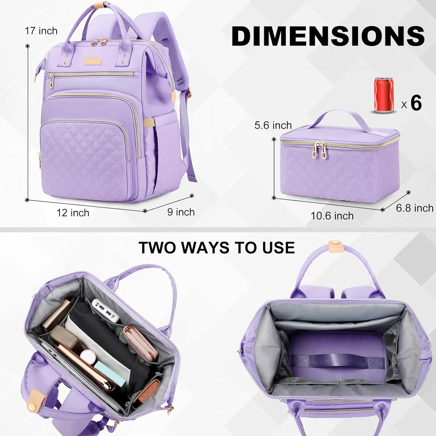 AIJIEKE Lunch Backpack for Women, 15.6 inch Laptop Backpack with Insulated Cooler Lunch Bag Set for Lunch Box Work Backpack for Travel Nurse Teacher, Purple