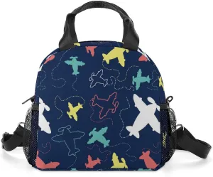 Airplane Pattern Portable Lunch Box Crossbody Bag Tote Insulated with Adjustable Strap Work Beach Picnic