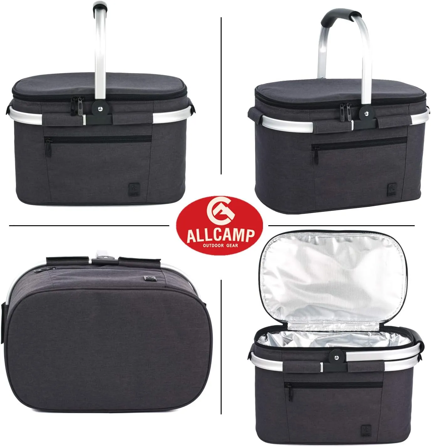 ALLCAMP OUTDOOR GEAR Insulated Cooler Bag Collapsible Portable Picnic Basket Cooler W/ Sewn in Frame (Medium Jet Black)