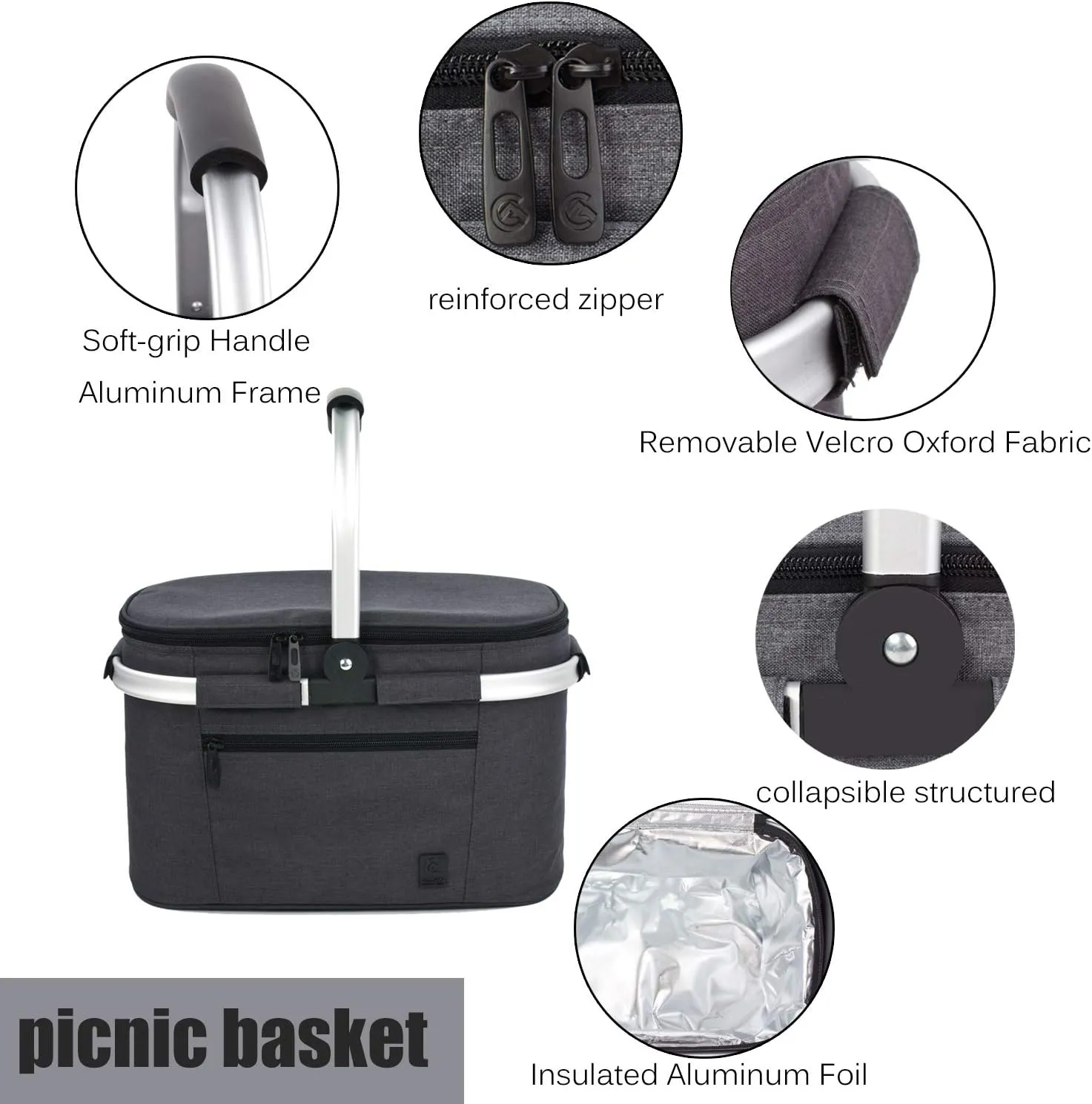 ALLCAMP OUTDOOR GEAR Insulated Cooler Bag Collapsible Portable Picnic Basket Cooler W/ Sewn in Frame (Medium Jet Black)