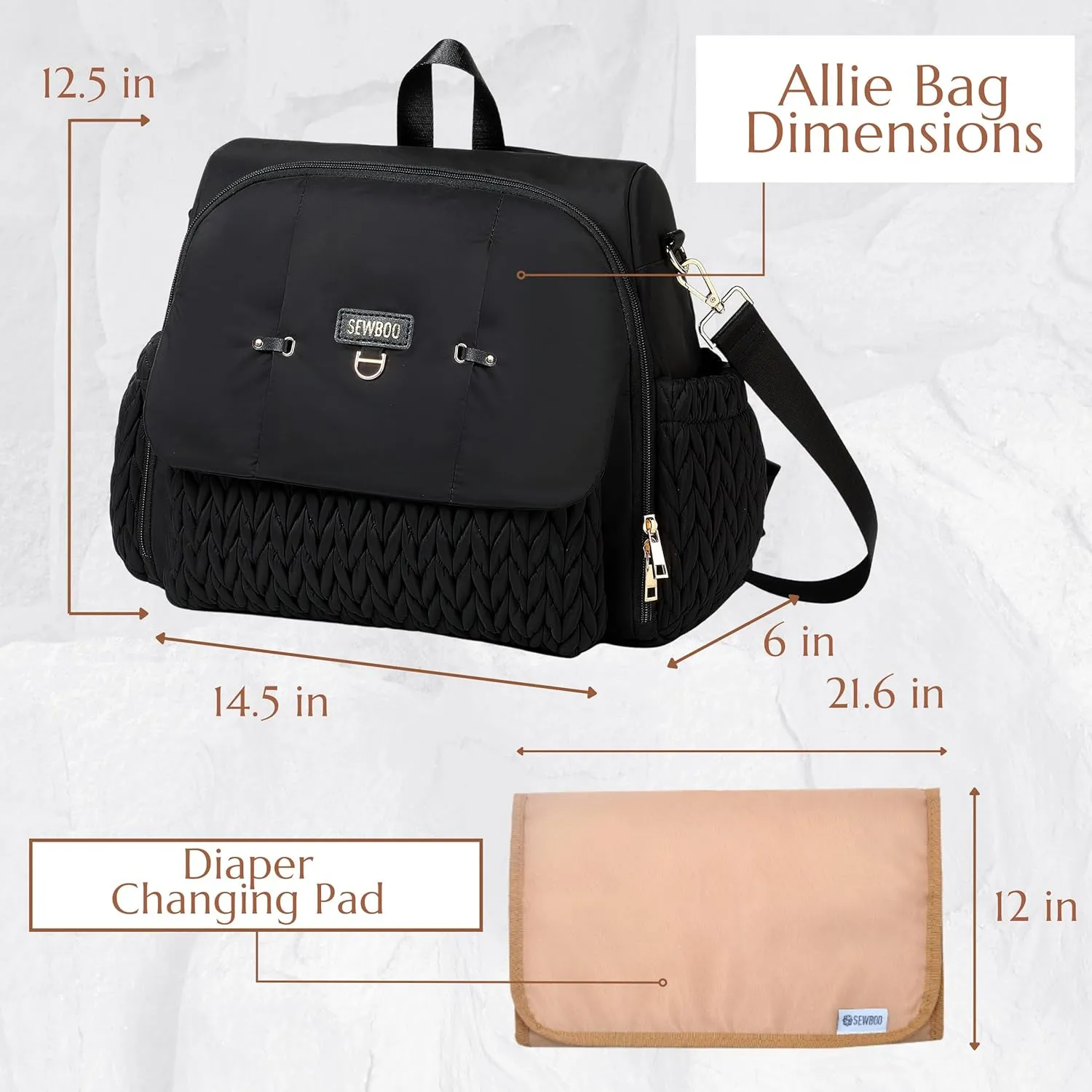 Allie Backpack Stylish Diaper Bag,Travel Baby Bag with Insulated Pockets,Changing Pad, Stroller Clips, Shoulder Strap (Black)