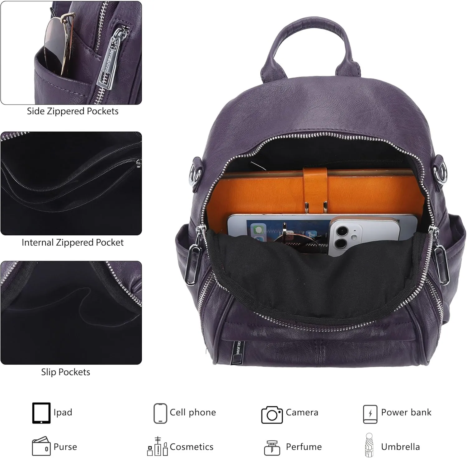 Angel Kiss Small Backpack Purse for Women,Soft Vegan Leather Roomy Backpacks,Designer Ladies Shoulder Backpack Fashion Handbag with Removable Strap,Purple